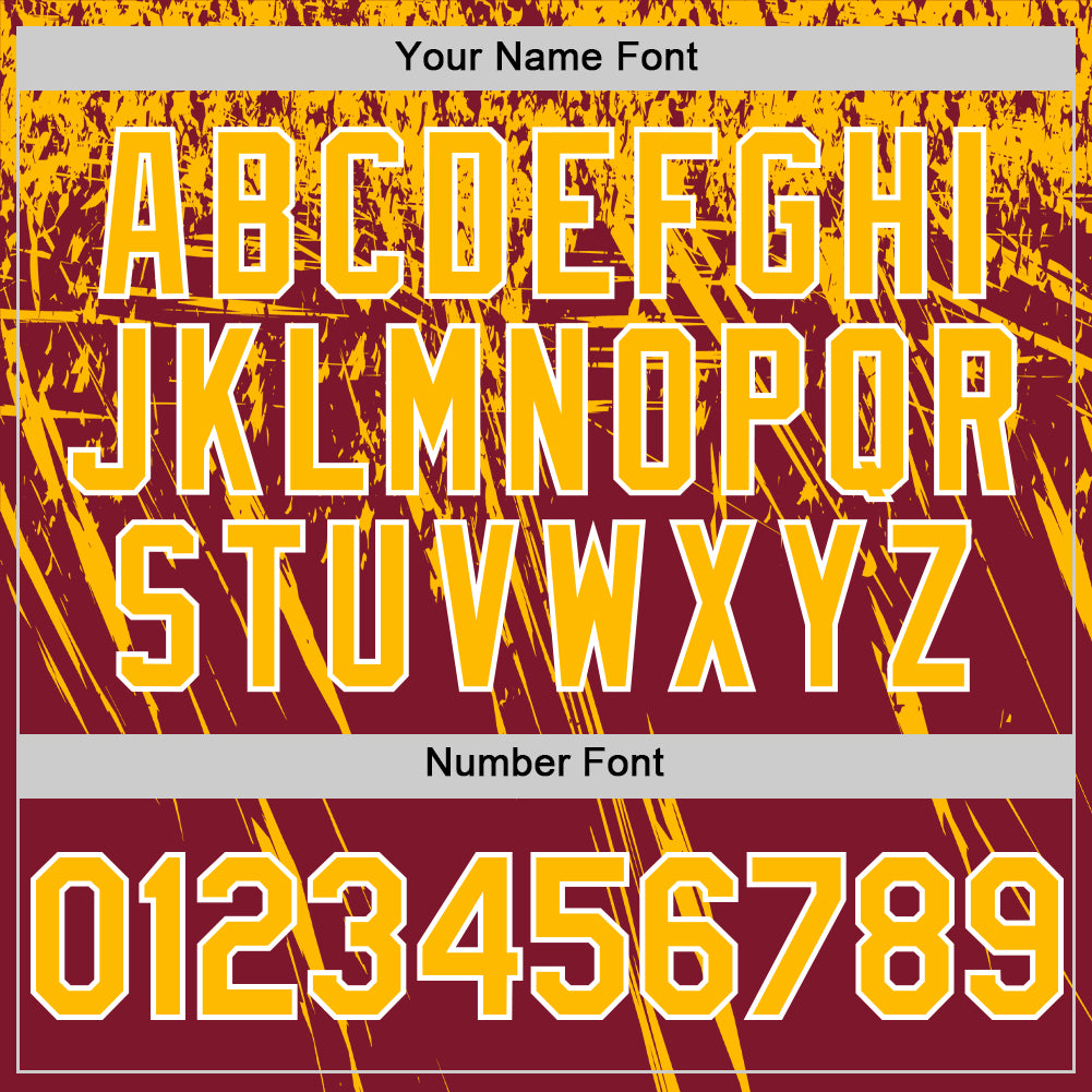 Custom Crimson Gold-White Distressed Scratch Brush Stroke Authentic Baseball Jersey