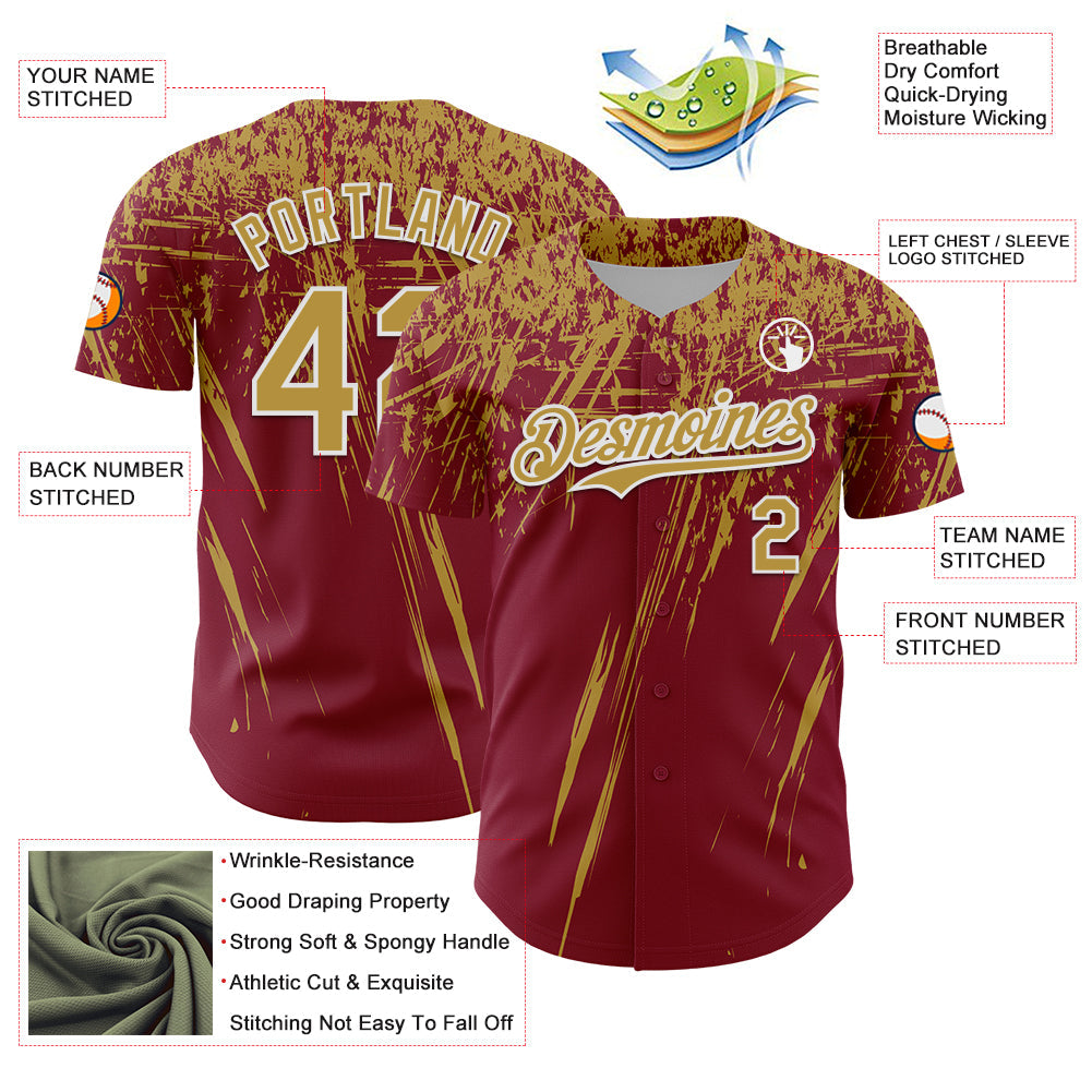 Custom Crimson Old Gold-White Distressed Scratch Brush Stroke Authentic Baseball Jersey