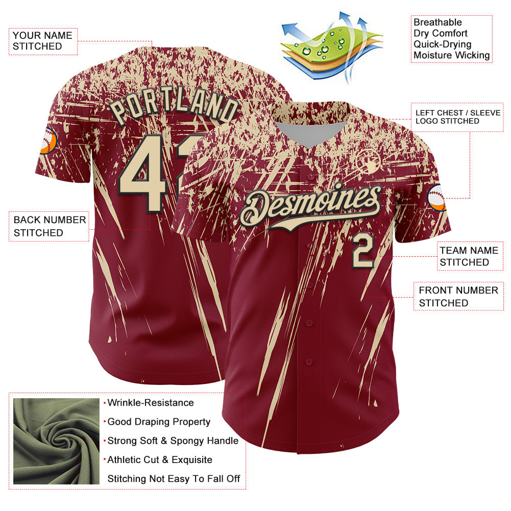 Custom Crimson Cream-Black Distressed Scratch Brush Stroke Authentic Baseball Jersey