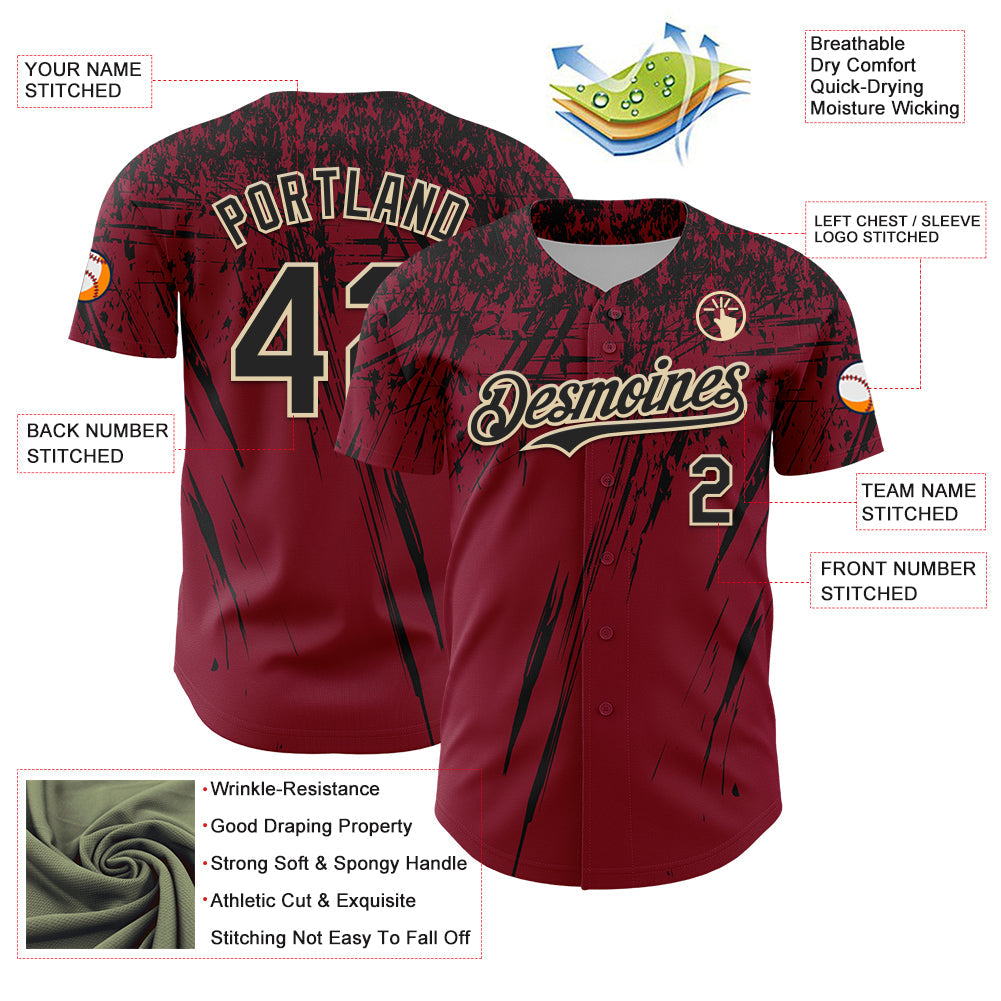 Custom Crimson Black-Cream Distressed Scratch Brush Stroke Authentic Baseball Jersey