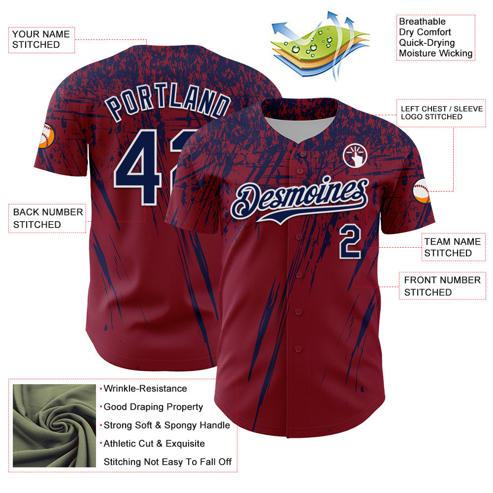 Custom Crimson Navy-White Distressed Scratch Brush Stroke Authentic Baseball Jersey