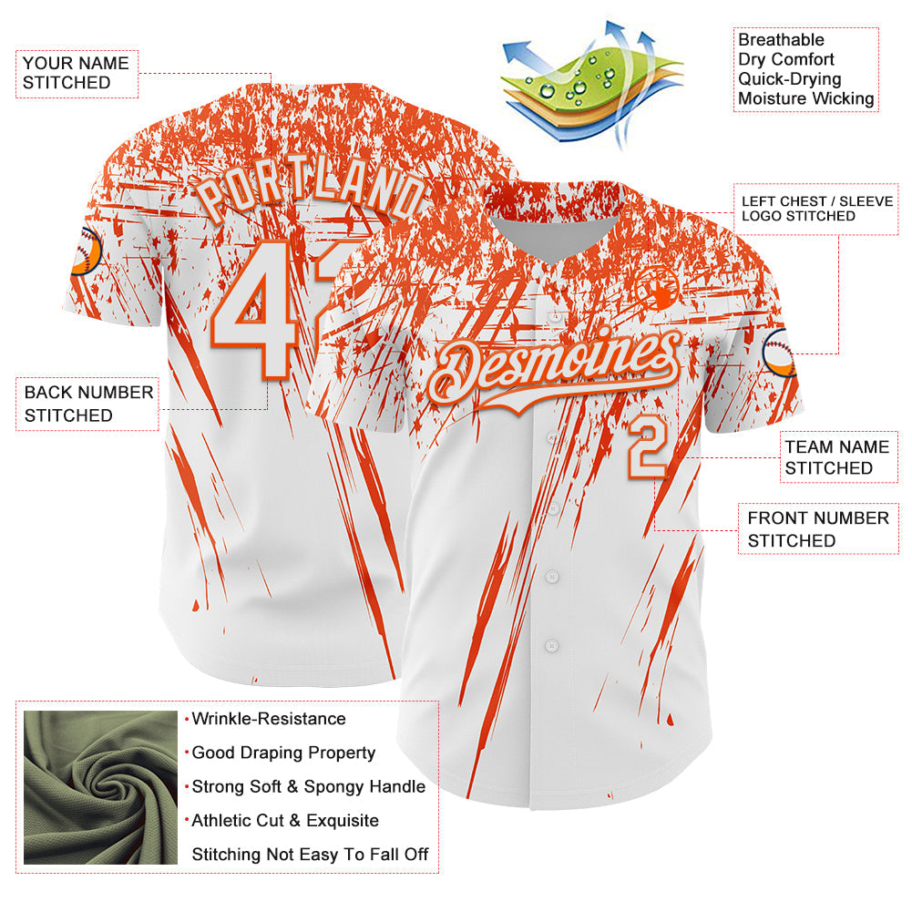 Custom White Orange Distressed Scratch Brush Stroke Authentic Baseball Jersey