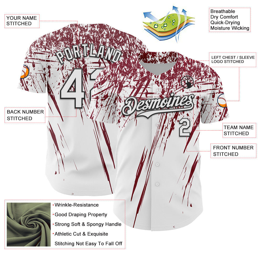 Custom White Crimson-Black Distressed Scratch Brush Stroke Authentic Baseball Jersey