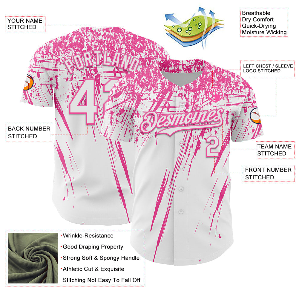 Custom White Pink Distressed Scratch Brush Stroke Authentic Baseball Jersey