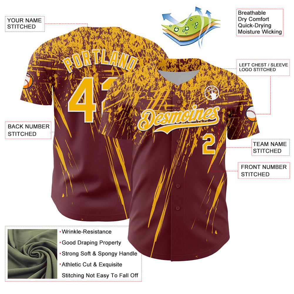 Custom Burgundy Gold-White Distressed Scratch Brush Stroke Authentic Baseball Jersey