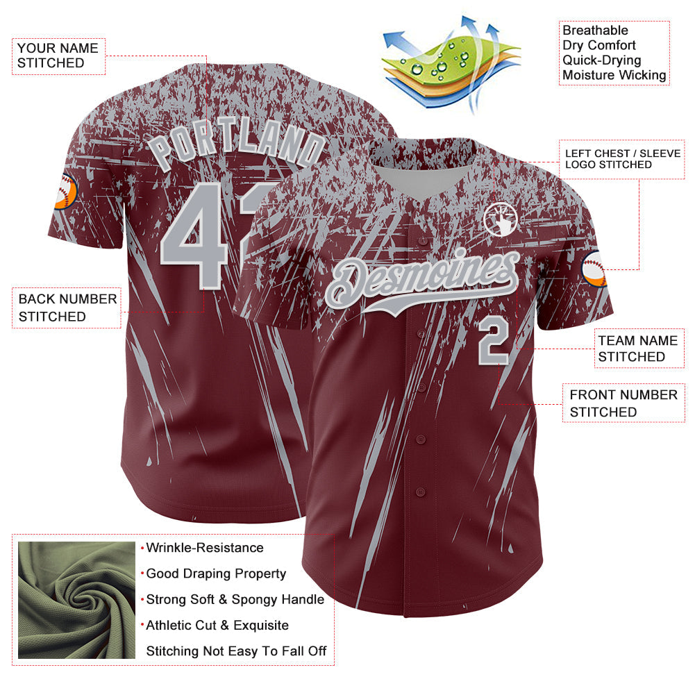 Custom Burgundy Gray-White Distressed Scratch Brush Stroke Authentic Baseball Jersey