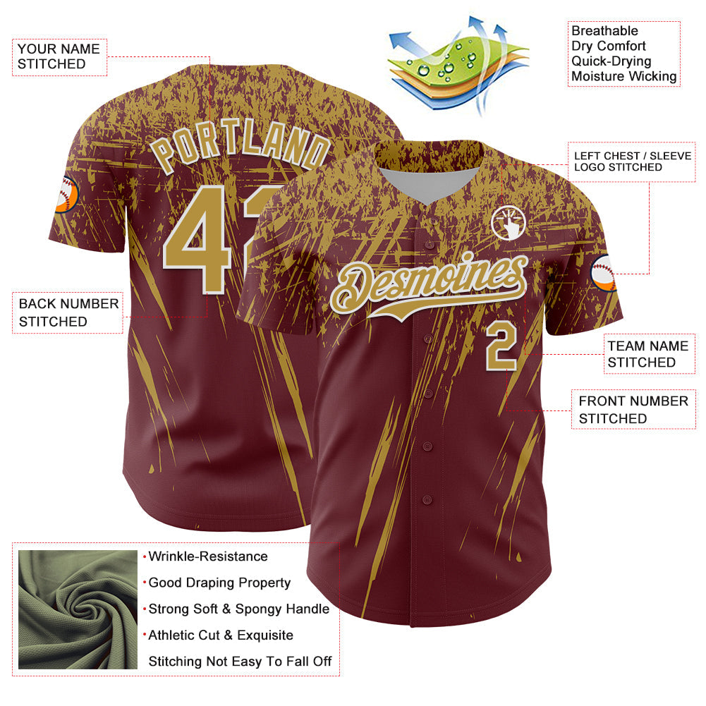 Custom Burgundy Old Gold-White Distressed Scratch Brush Stroke Authentic Baseball Jersey