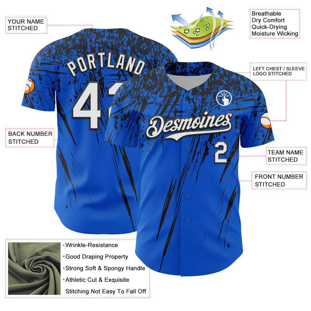 Custom Thunder Blue White-Black Distressed Scratch Brush Stroke Authentic Baseball Jersey