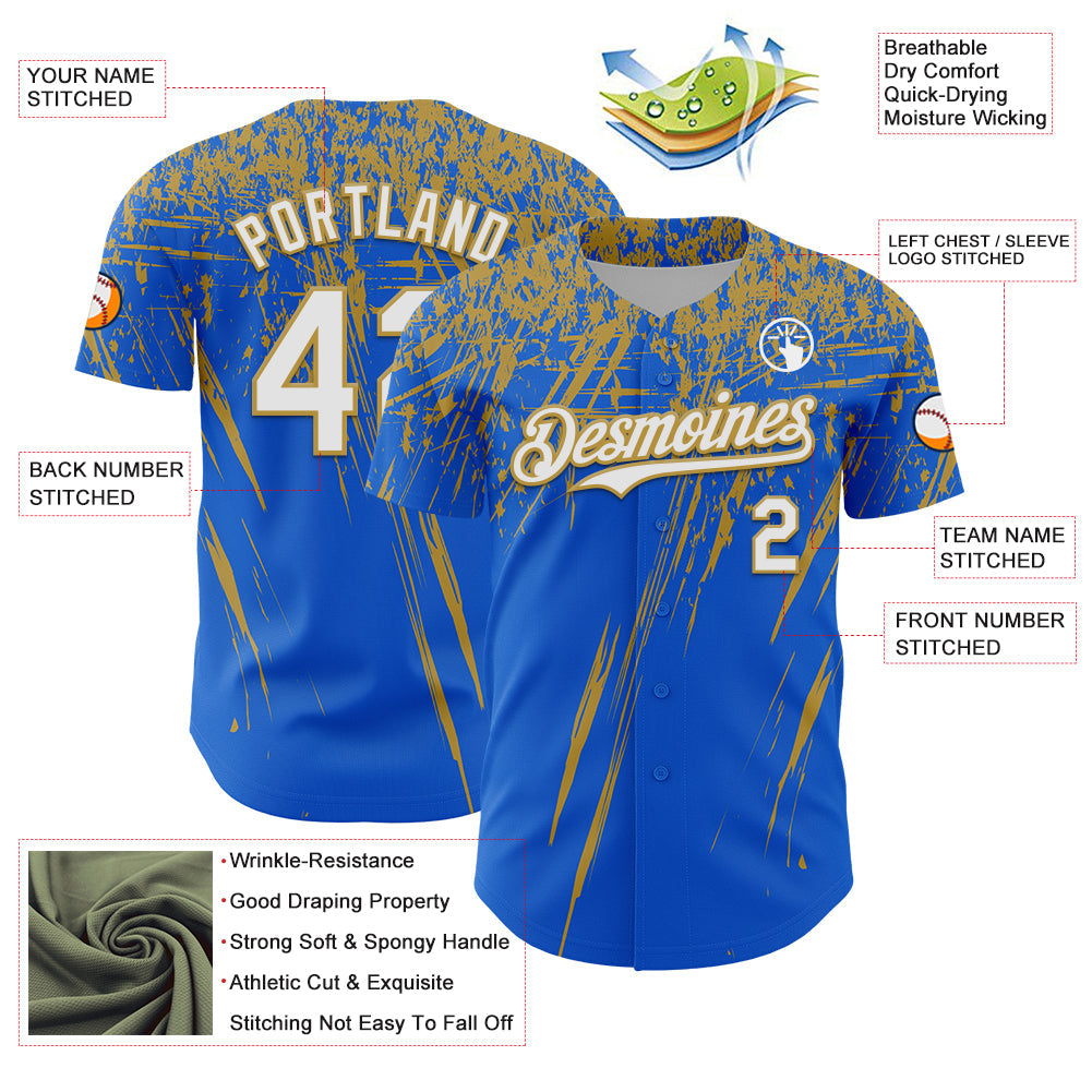 Custom Thunder Blue White-Old Gold Distressed Scratch Brush Stroke Authentic Baseball Jersey
