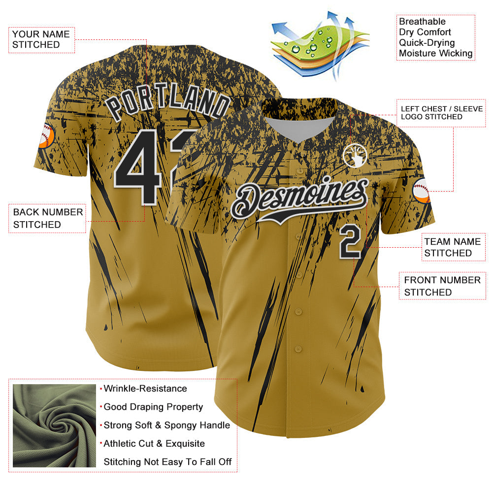 Custom Old Gold Black-White Distressed Scratch Brush Stroke Authentic Baseball Jersey