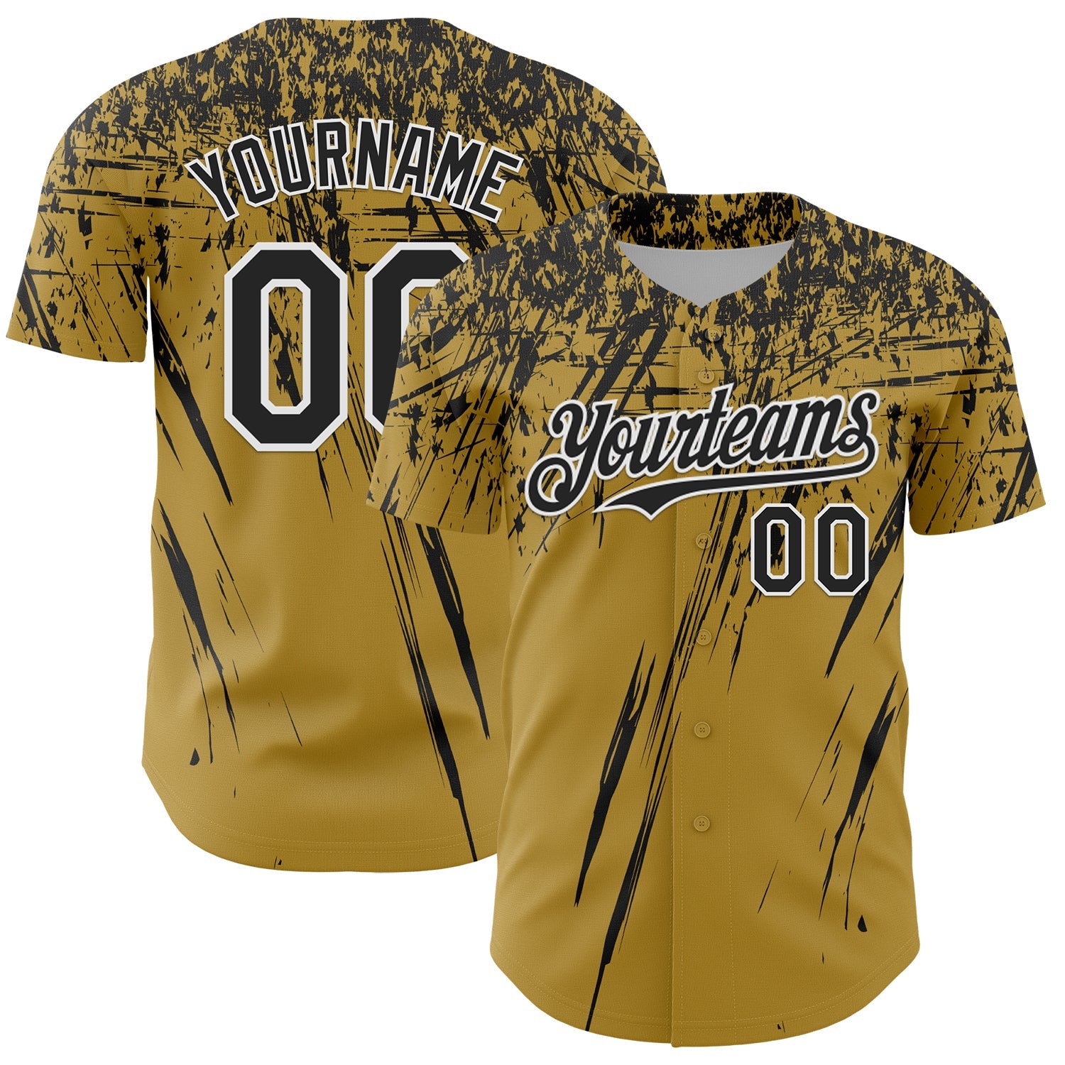 Custom Old Gold Black-White Distressed Scratch Brush Stroke Authentic Baseball Jersey