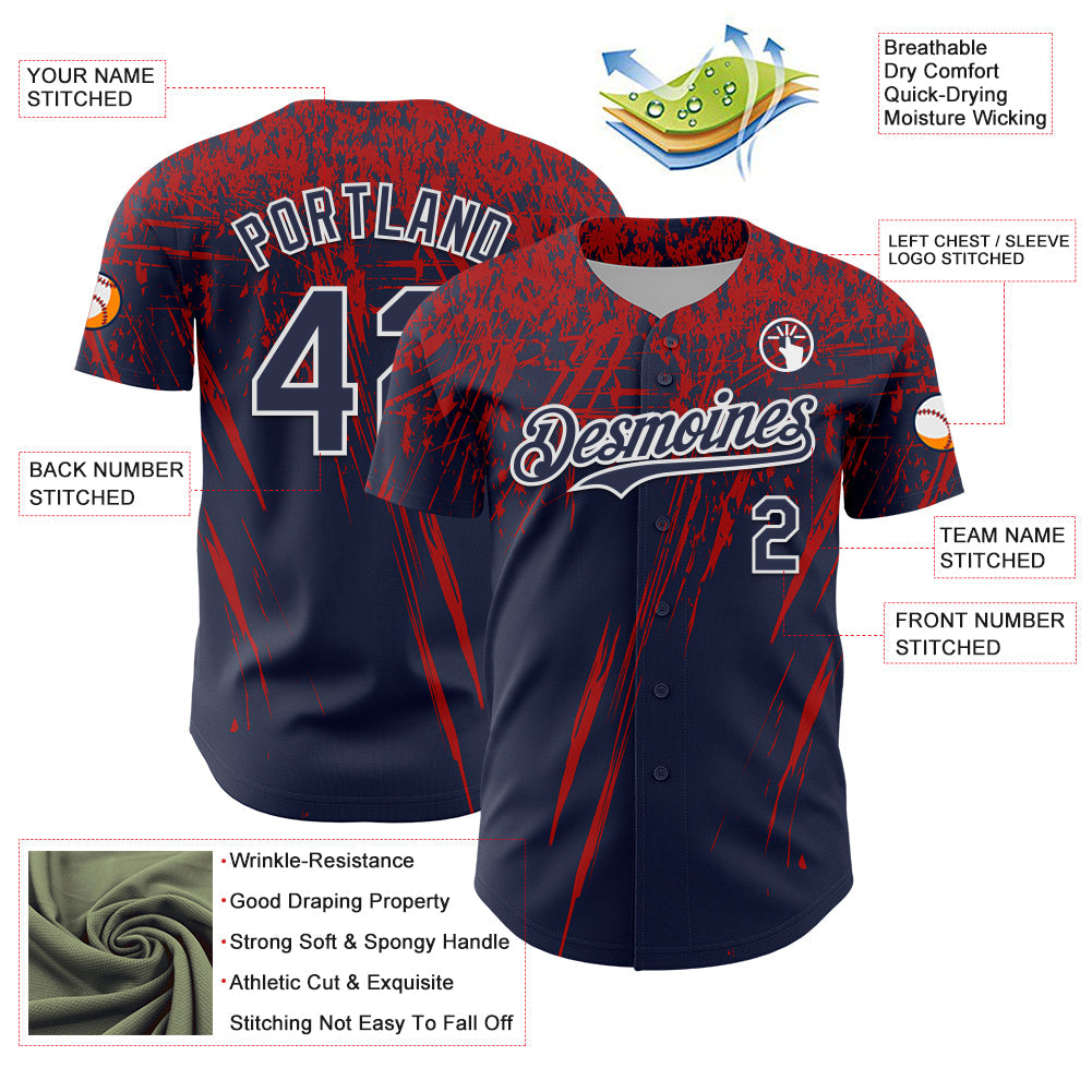 Custom Navy Red-White Distressed Scratch Brush Stroke Authentic Baseball Jersey