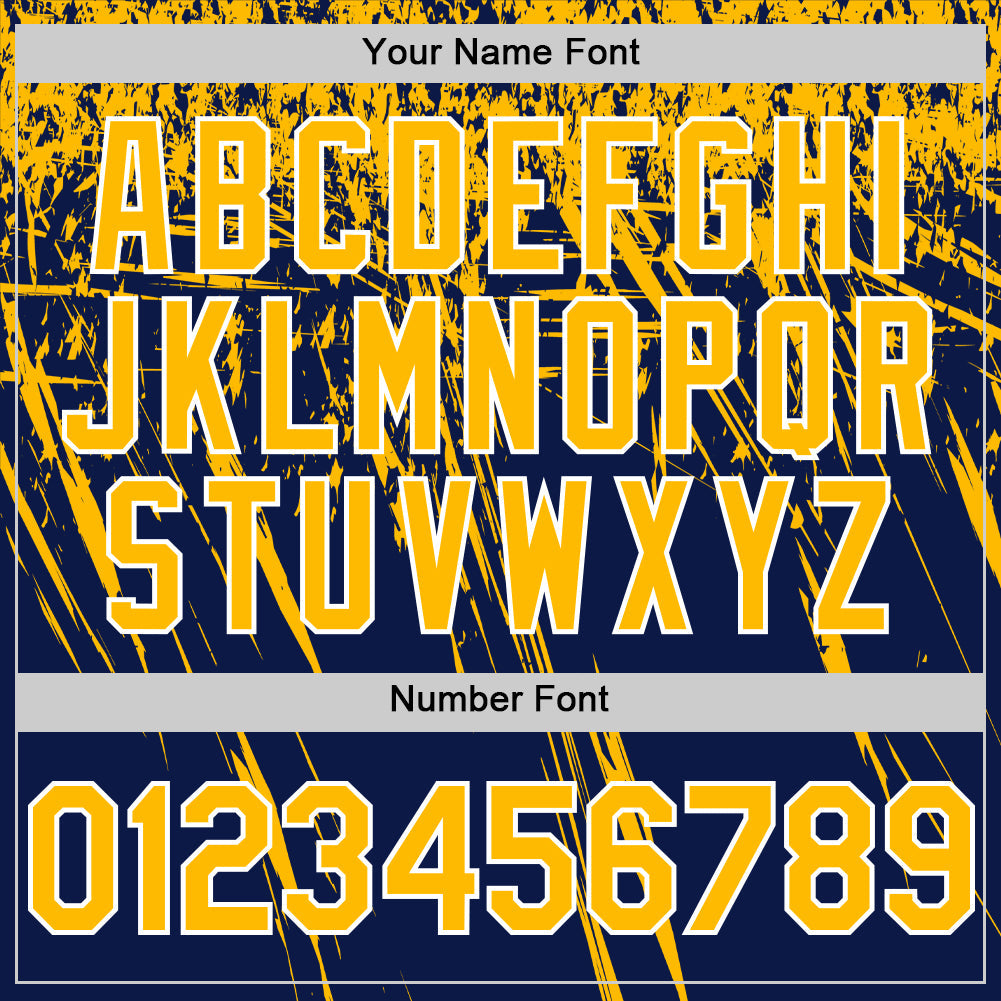 Custom Navy Gold-White Distressed Scratch Brush Stroke Authentic Baseball Jersey