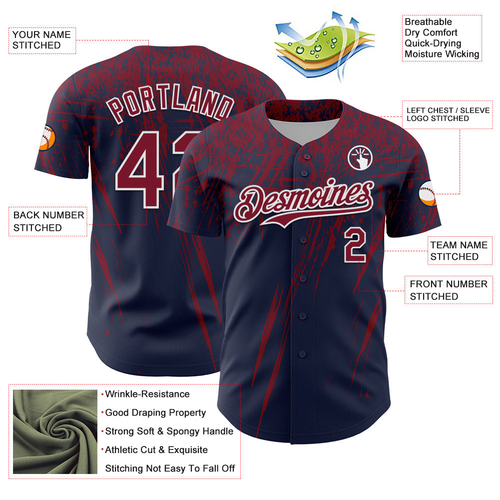 Custom Navy Crimson-White Distressed Scratch Brush Stroke Authentic Baseball Jersey