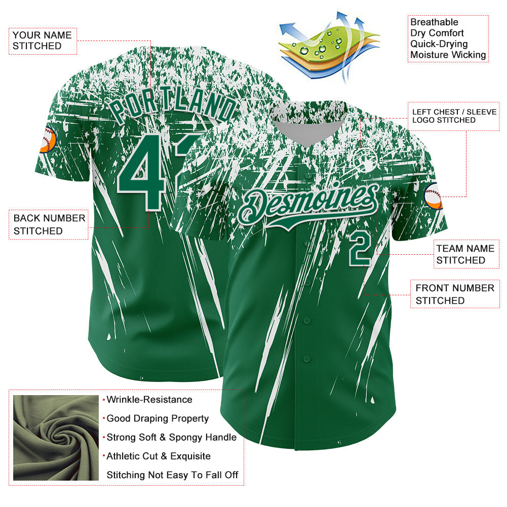 Custom Kelly Green White Distressed Scratch Brush Stroke Authentic Baseball Jersey