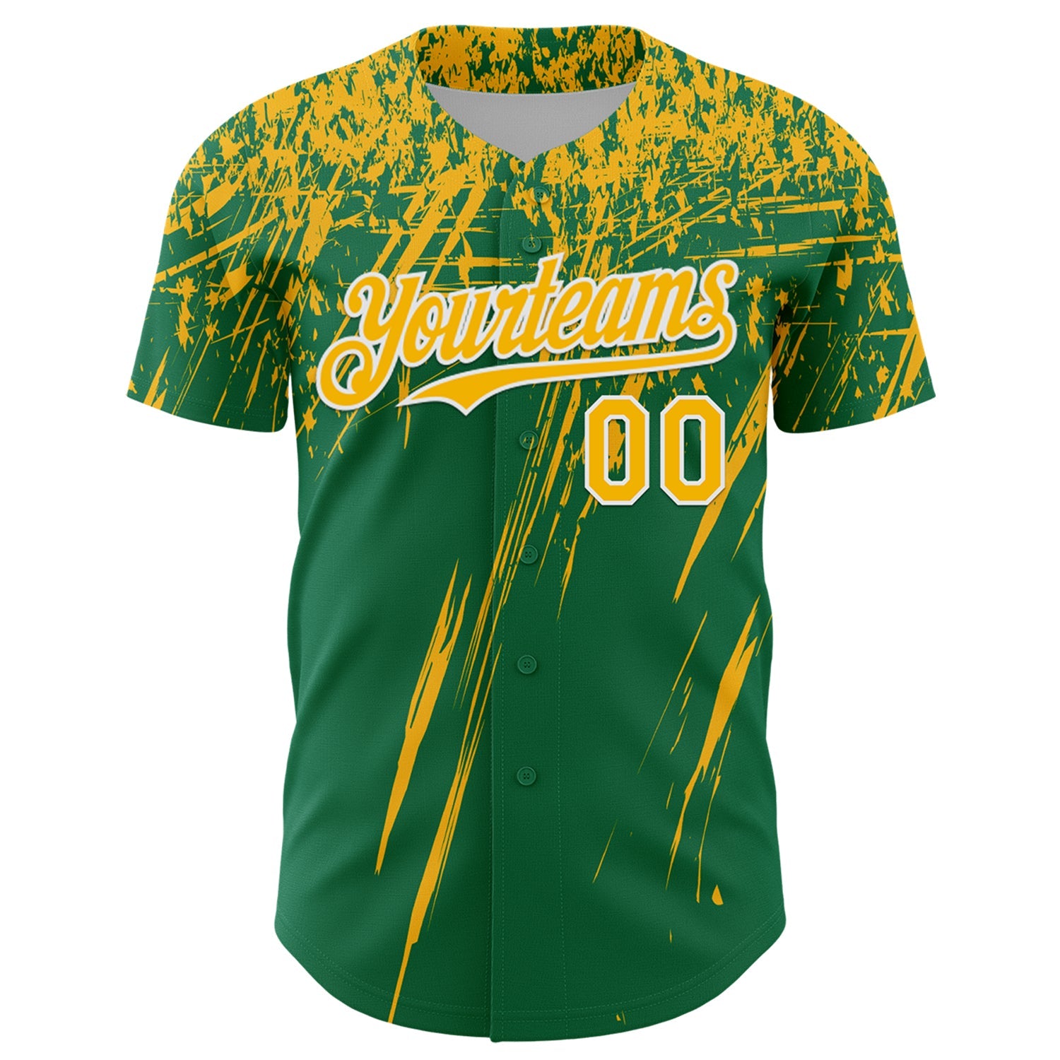 Custom Kelly Green Gold-White Distressed Scratch Brush Stroke Authentic Baseball Jersey