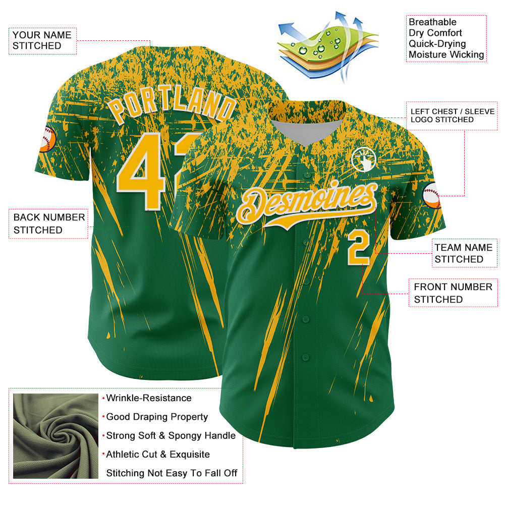 Custom Kelly Green Gold-White Distressed Scratch Brush Stroke Authentic Baseball Jersey