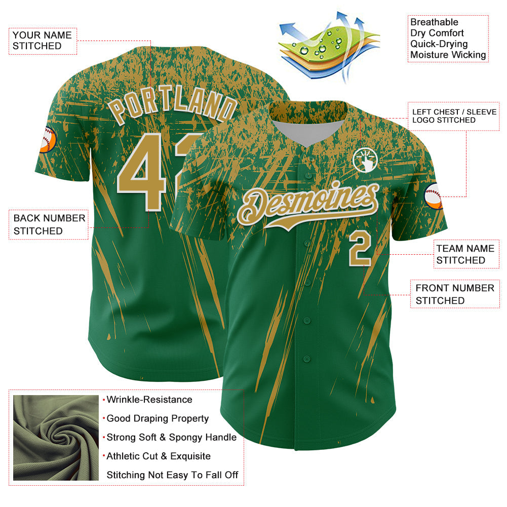 Custom Kelly Green Old Gold-White Distressed Scratch Brush Stroke Authentic Baseball Jersey