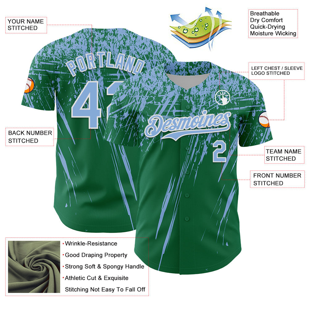 Custom Kelly Green Light Blue-White Distressed Scratch Brush Stroke Authentic Baseball Jersey