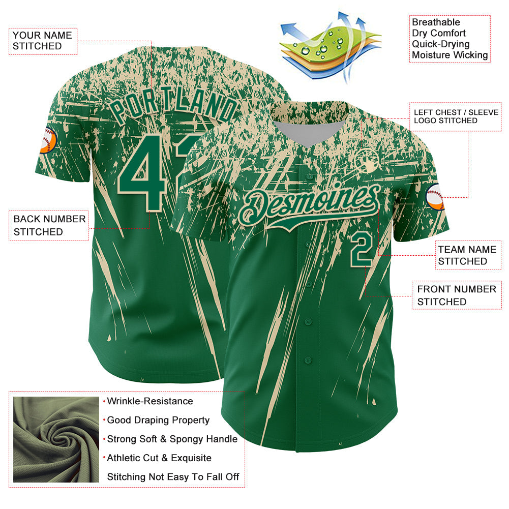 Custom Kelly Green Cream Distressed Scratch Brush Stroke Authentic Baseball Jersey