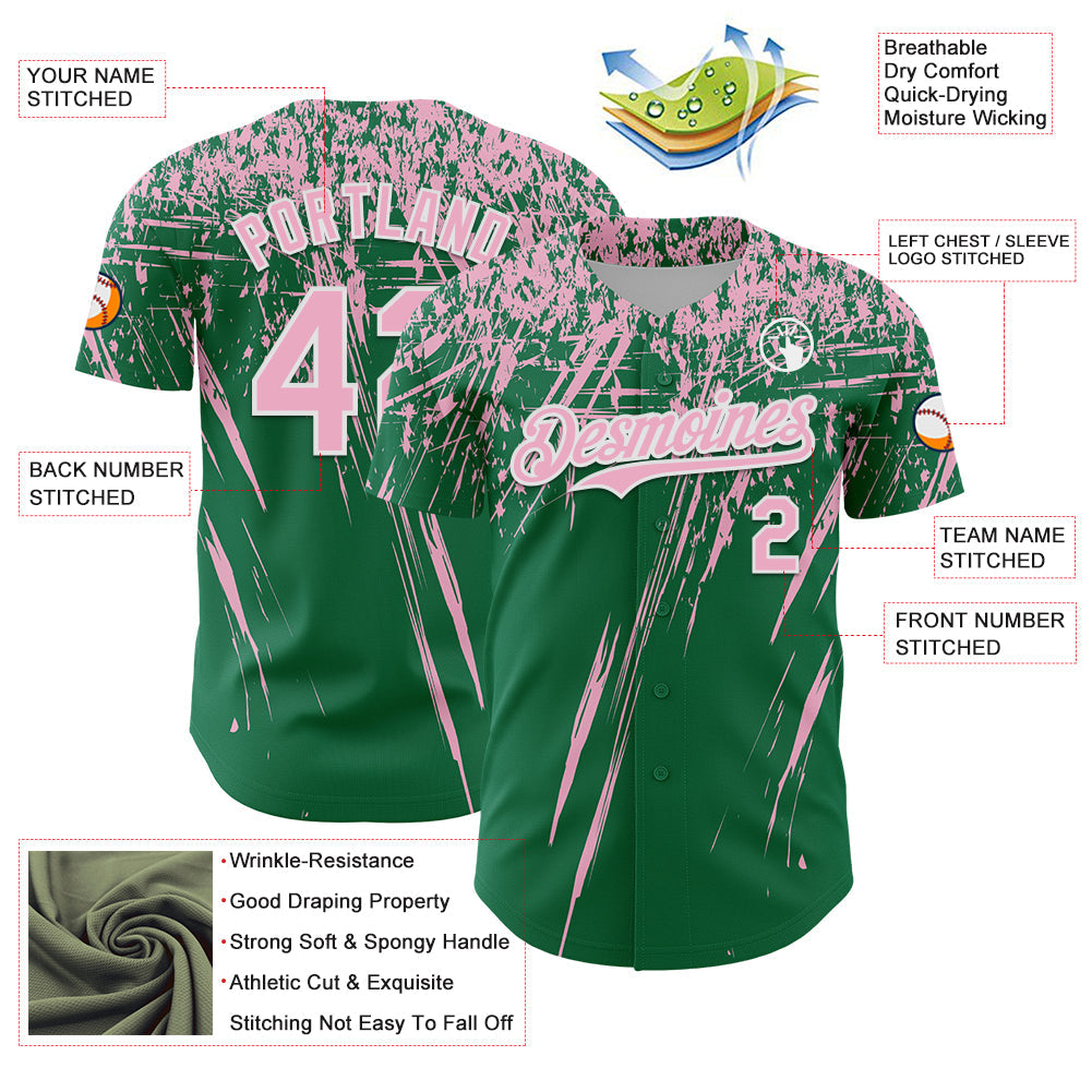 Custom Kelly Green Light Pink-White Distressed Scratch Brush Stroke Authentic Baseball Jersey