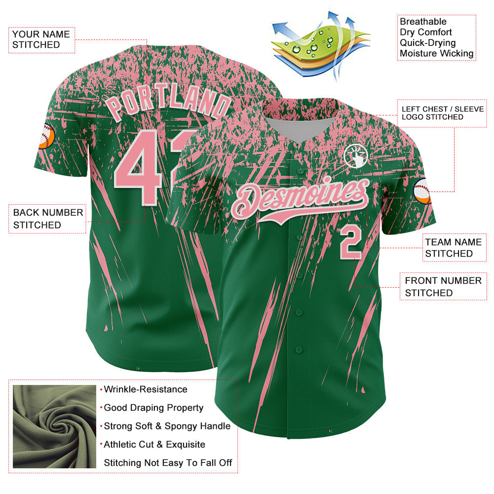 Custom Kelly Green Medium Pink-White Distressed Scratch Brush Stroke Authentic Baseball Jersey