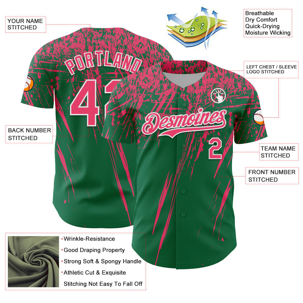 Custom Kelly Green Neon Pink-White Distressed Scratch Brush Stroke Authentic Baseball Jersey