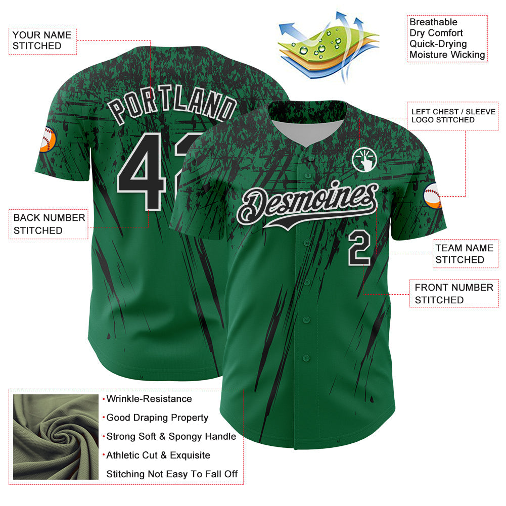 Custom Kelly Green Black-White Distressed Scratch Brush Stroke Authentic Baseball Jersey