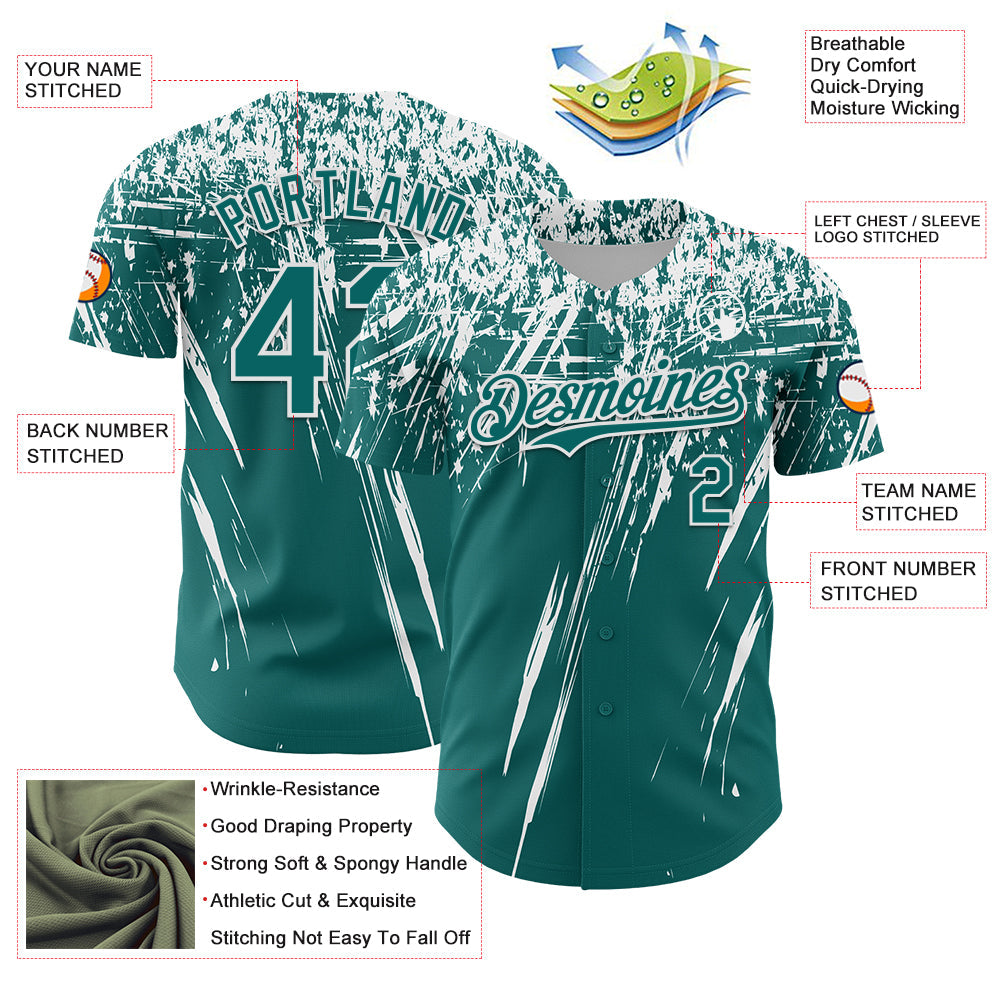 Custom Teal White Distressed Scratch Brush Stroke Authentic Baseball Jersey