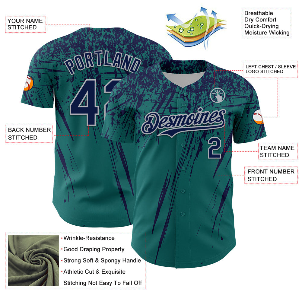 Custom Teal Navy-Gray Distressed Scratch Brush Stroke Authentic Baseball Jersey