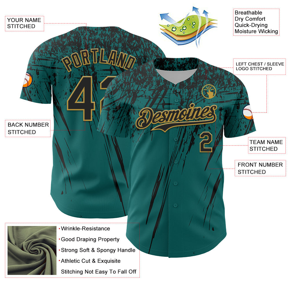 Custom Teal Black-Old Gold Distressed Scratch Brush Stroke Authentic Baseball Jersey