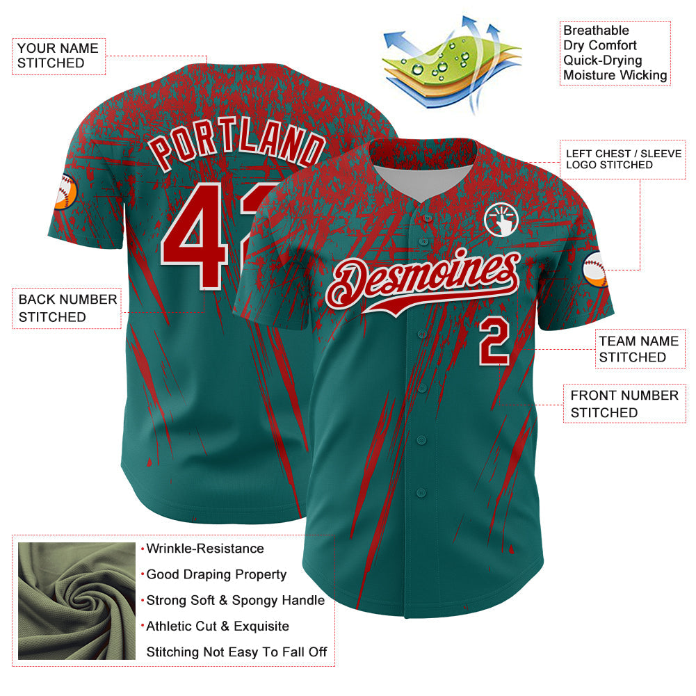 Custom Teal Red-White Distressed Scratch Brush Stroke Authentic Baseball Jersey