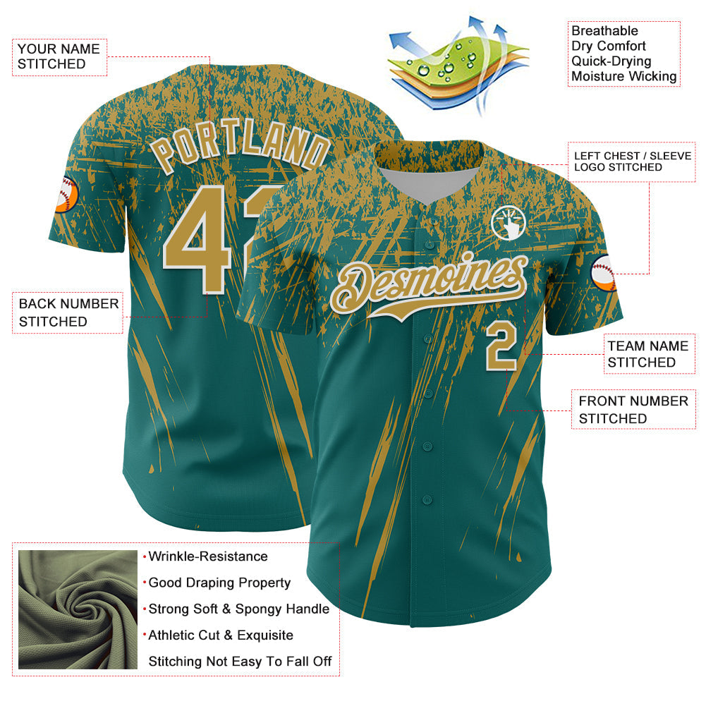 Custom Teal Old Gold-White Distressed Scratch Brush Stroke Authentic Baseball Jersey