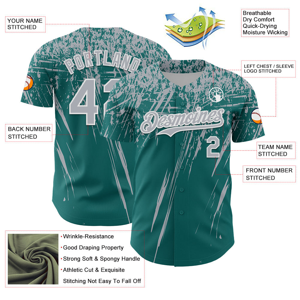 Custom Teal Gray-White Distressed Scratch Brush Stroke Authentic Baseball Jersey