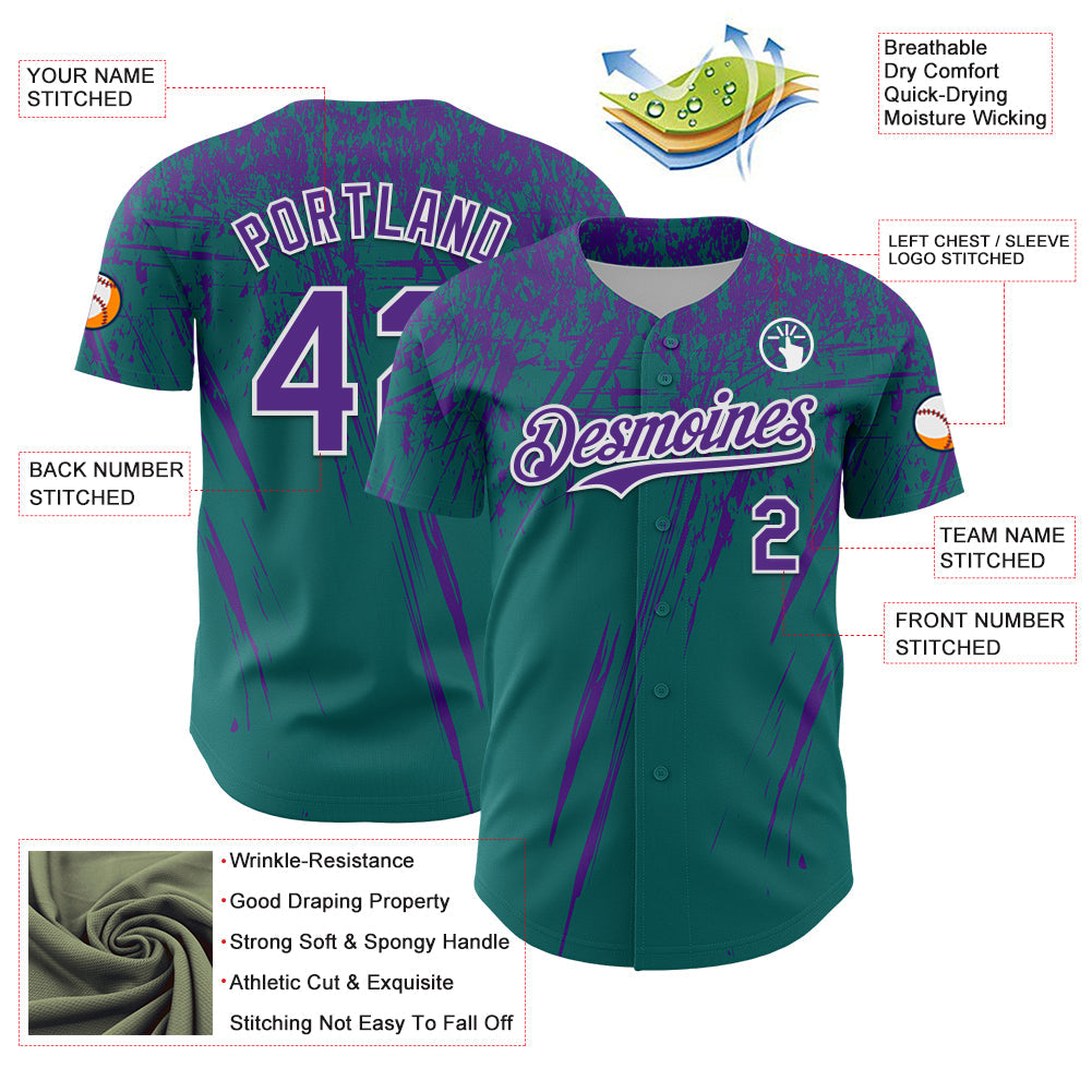 Custom Teal Purple-White Distressed Scratch Brush Stroke Authentic Baseball Jersey