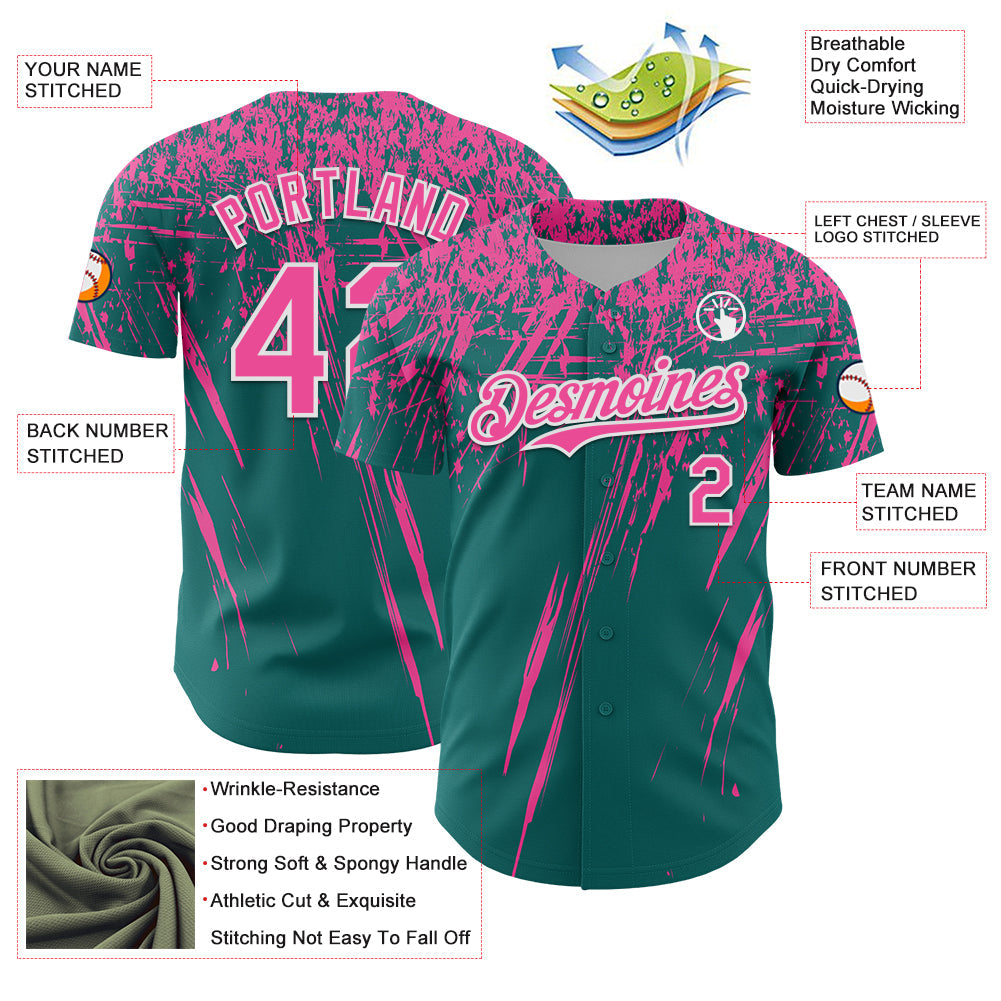 Custom Teal Pink-White Distressed Scratch Brush Stroke Authentic Baseball Jersey