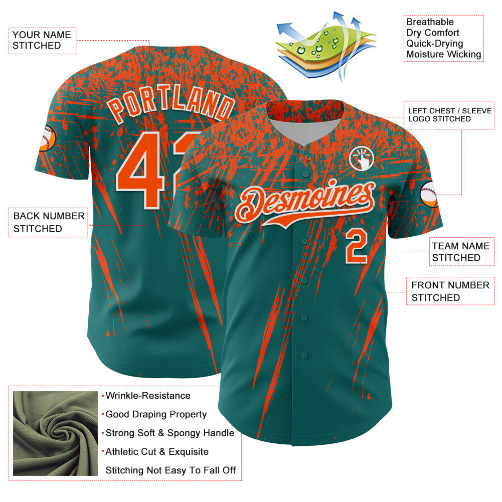 Custom Teal Orange-White Distressed Scratch Brush Stroke Authentic Baseball Jersey