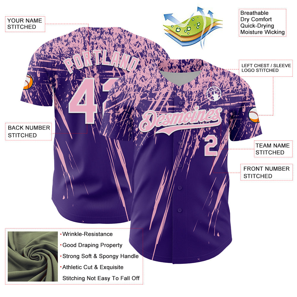 Custom Purple Light Pink-White Distressed Scratch Brush Stroke Authentic Baseball Jersey