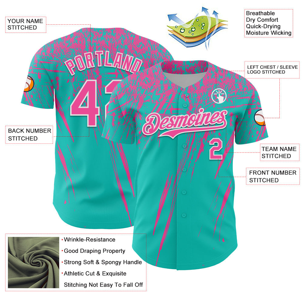 Custom Aqua Pink-White Distressed Scratch Brush Stroke Authentic Baseball Jersey