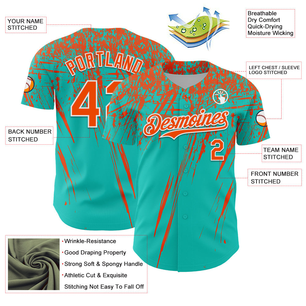 Custom Aqua Orange-White Distressed Scratch Brush Stroke Authentic Baseball Jersey