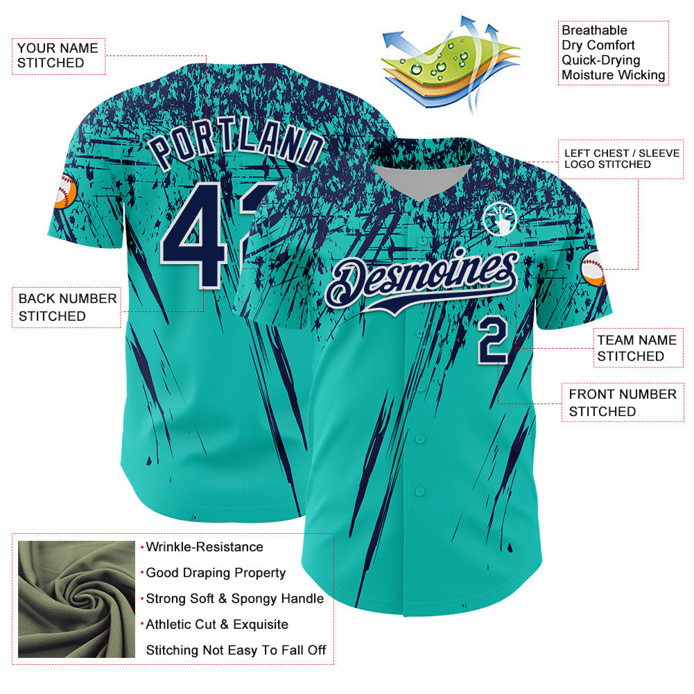 Custom Aqua Navy-White Distressed Scratch Brush Stroke Authentic Baseball Jersey