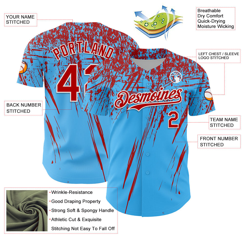 Custom Sky Blue Red-White Distressed Scratch Brush Stroke Authentic Baseball Jersey