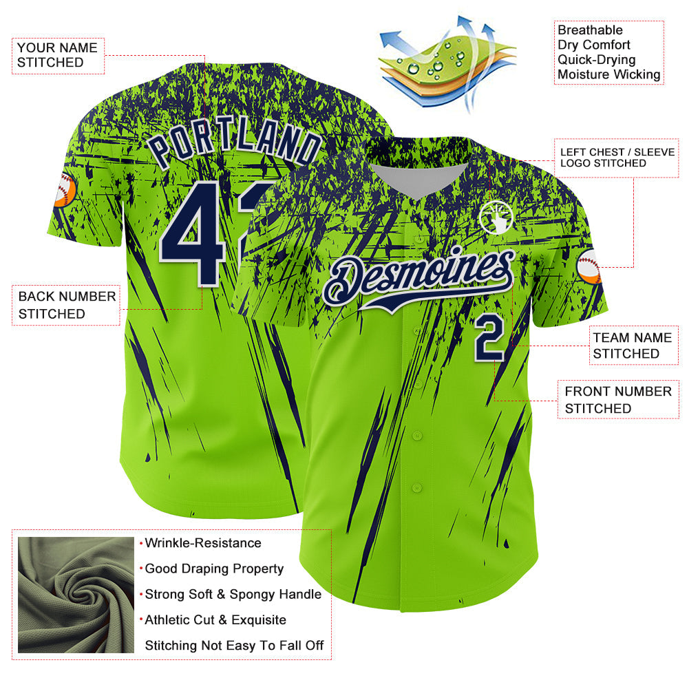 Custom Neon Green Navy-White Distressed Scratch Brush Stroke Authentic Baseball Jersey