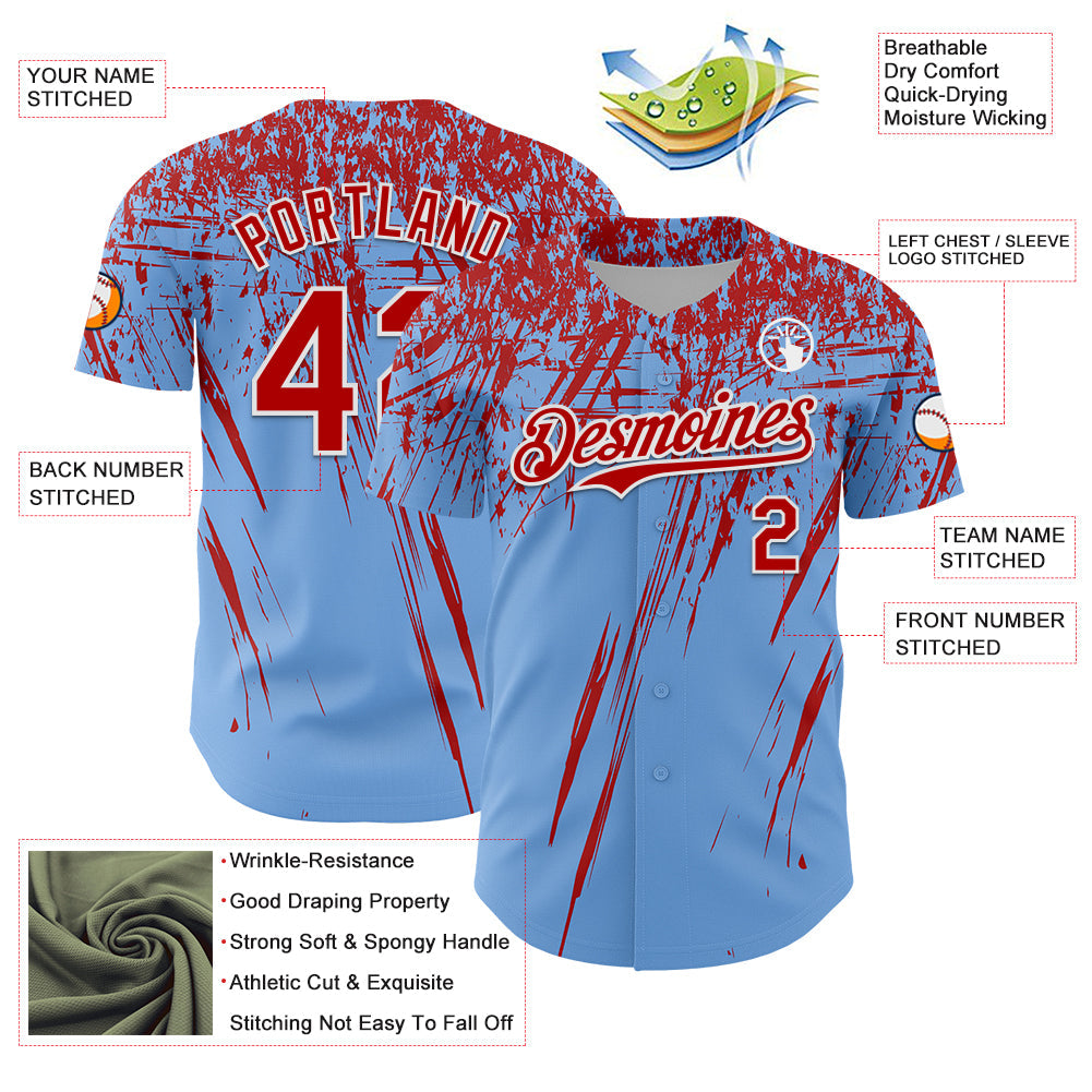 Custom Light Blue Red-White Distressed Scratch Brush Stroke Authentic Baseball Jersey