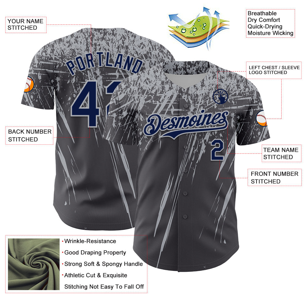 Custom Steel Gray Navy-Gray Distressed Scratch Brush Stroke Authentic Baseball Jersey