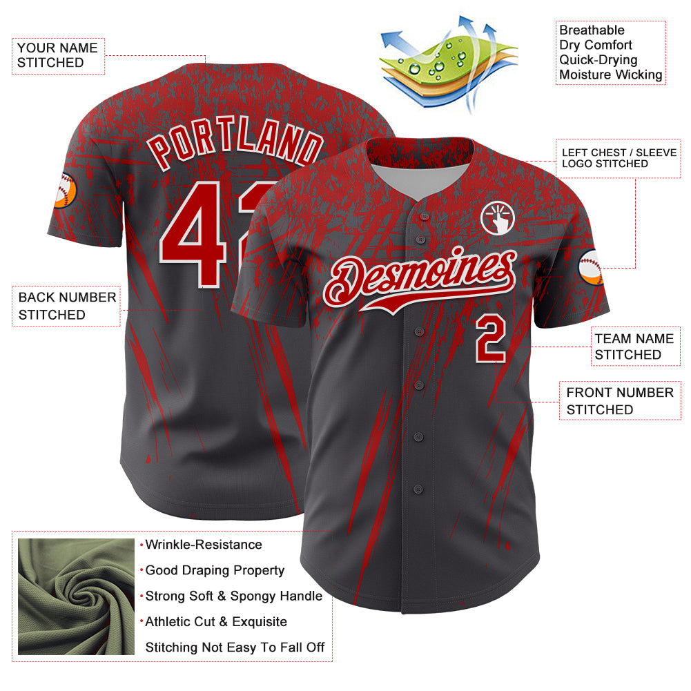 Custom Steel Gray Red-White Distressed Scratch Brush Stroke Authentic Baseball Jersey