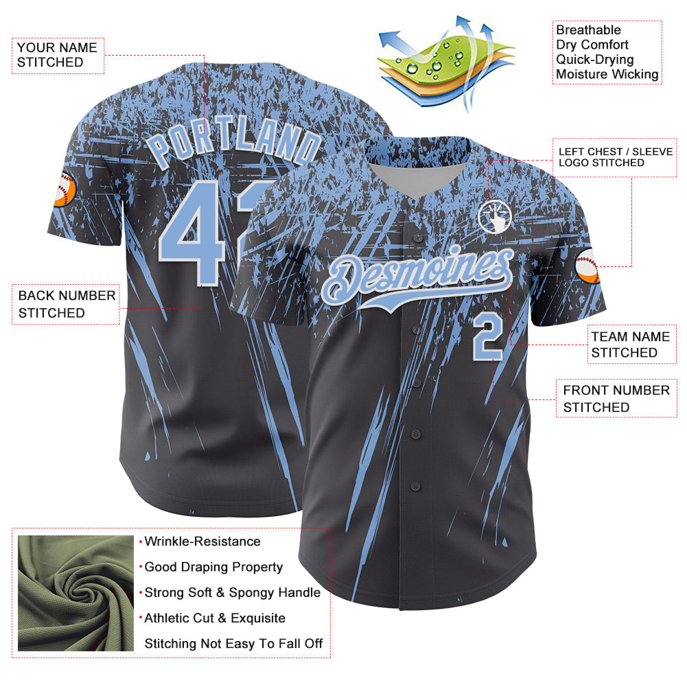 Custom Steel Gray Light Blue-White Distressed Scratch Brush Stroke Authentic Baseball Jersey
