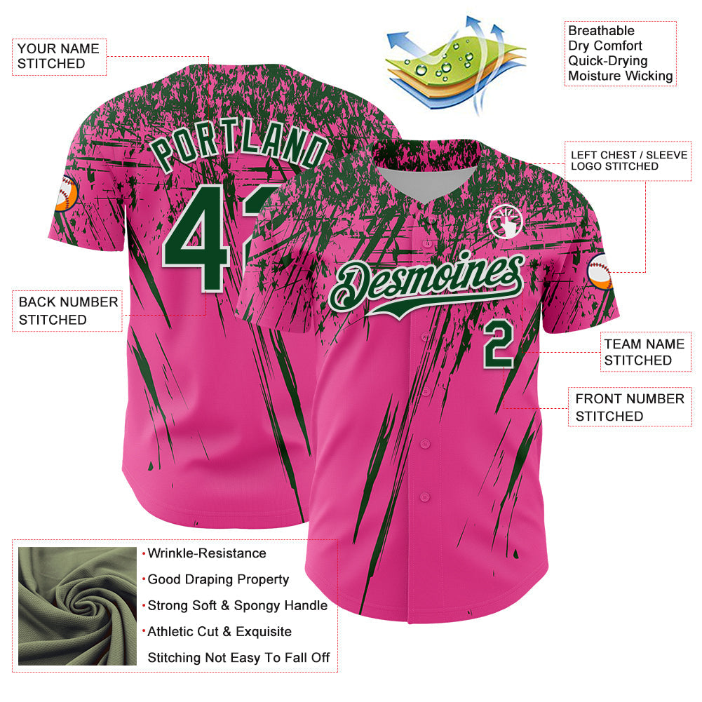 Custom Pink Green-White Distressed Scratch Brush Stroke Authentic Baseball Jersey