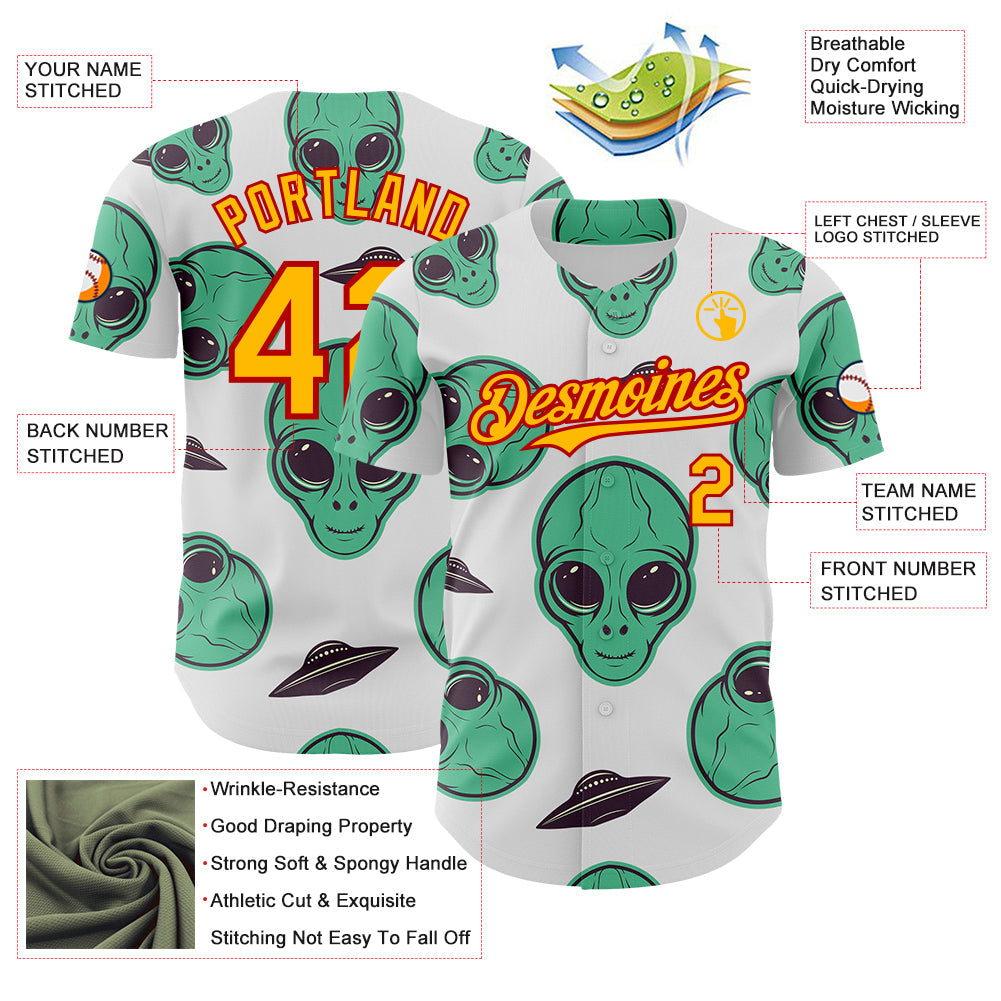 Custom White Gold-Red Alien UFO Space Authentic Baseball Jersey