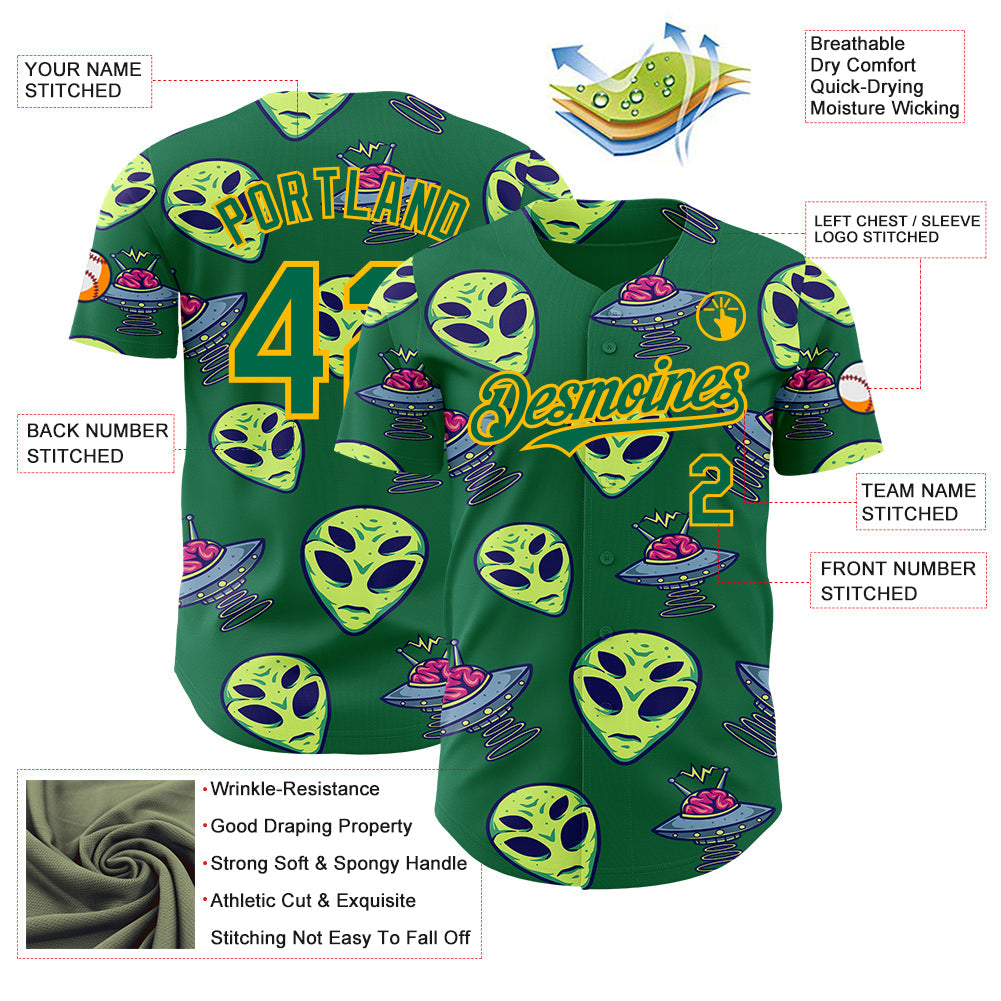 Custom Kelly Green Gold Alien UFO Space Authentic Baseball Jersey